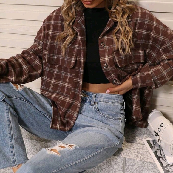 Tops - Women Plaid Print Front Button Casual Long Sleeve Jacket,
